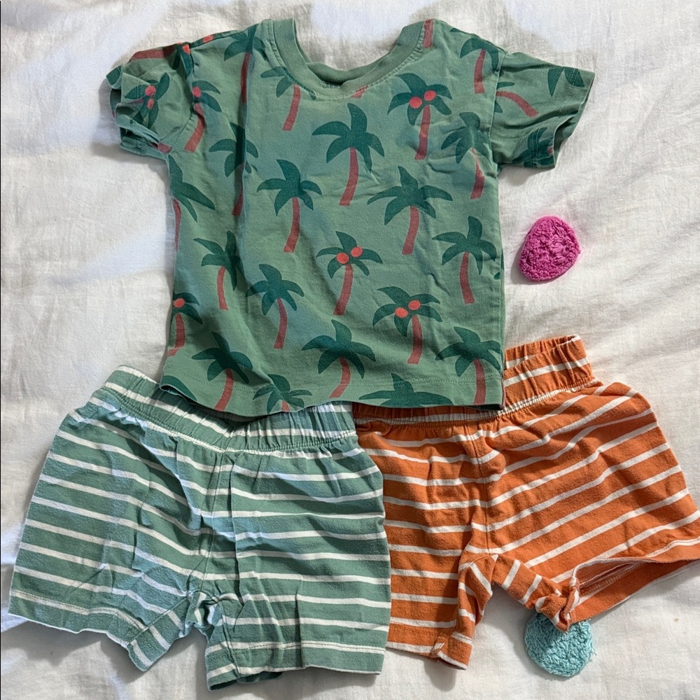 Hanna Andersson Tropical Palm Tree Shirt and Striped Shorts Set 12-18 months
